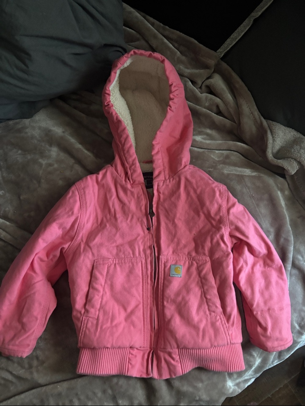 Carhartt Girls Pink Hooded Fleece-Lined Puffer Jacket